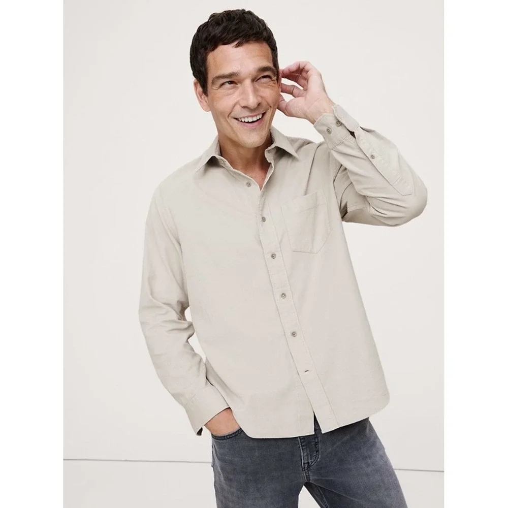 NEW Banana Republic Mens Cream White Fine-Wale Corduroy Standard Fit Shirt Large